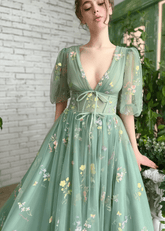 Genevieve | Elevate Your Elegance with Our Sage Green Floral Short Sleeve Corset Formal Dress – Design for Memorable Occasions - Sage Floral - PromDressClub